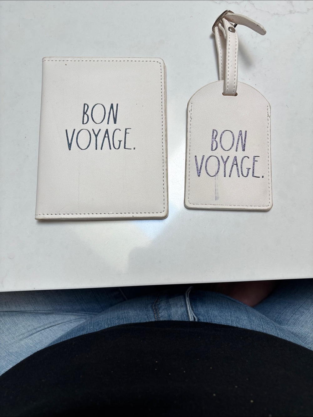 Rae Dunn Bon Voyage Passport Holder and Luggage Tag Set - Cream with Black Text